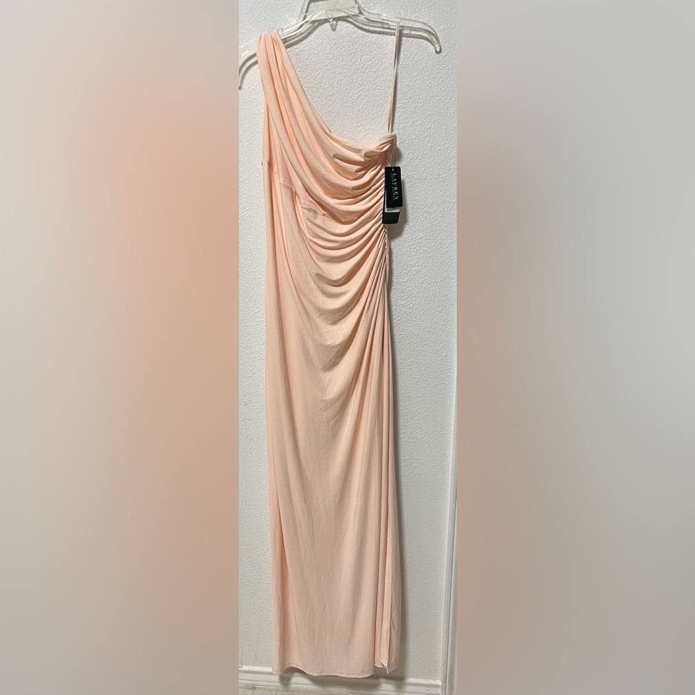 Lauren Ralph Lauren Floor Length One Shoulder Silhouette Peach Evening Dress